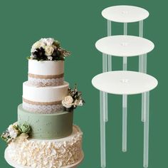 three tiered cake stands with flowers on them