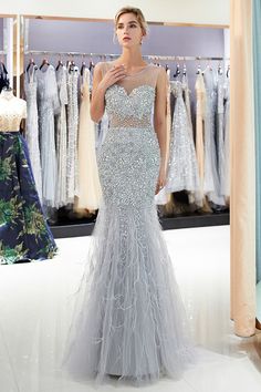 Buy All Beading Grey Long Tight Mermaid Formal Dress With Feathers at affordable price online. Free shipping and pro custom service since 2009. Mermaid Evening Gown, Prom Dresses With Pockets, Tulle Evening Dress, Floor Length Prom Dresses, Silver Silk, Trumpet Gown, Prom Dresses Sleeveless, Formal Evening Dress, Beaded Prom Dress