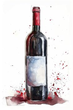 a painting of a bottle of wine with blood on the floor and water droplets around it