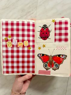 a hand holding an open book with pictures of bugs and ladybugs on it