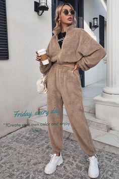 Drop Shoulder Zipper Placket Teddy Jacket & Pants Set Bell Bottoms Outfit, Teddy Hoodie, Stand Collar Top, Zipper Placket, Fall Winter Coat, Teddy Bear Clothes, Winter Fashion Coats, Winter Fit, Autumn 2022