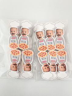 two packages of pizza stickers with the faces of different people on them are shown