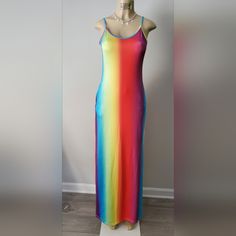 New! Women Long Maxi Rainbow Colored Dress W Pocket Casual Multicolor Rainbow Print Dress, Colorful Rainbow Print Summer Dress, Casual Rainbow Print Dress For Vacation, Casual Rainbow Print Vacation Dress, Colorful Rainbow Print Beach Dress, Multicolor Rainbow Print Dress, Summer Party Dress With Rainbow Print, Vibrant Colorful Sleeveless Maxi Dress, Rainbow Print Beach Dress