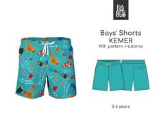 Boys' Shorts Sewing Pattern PDF and Sewing Tutorial  Comfortable summer shorts for boys! Shorts with elasticated belt. Three pockets - two on the sides, one on the back. This pattern can be used to sew both cotton shorts and swimming surf shorts. Ready to download and print. All inscriptions and symbols on patterns in English.  The pattern contains all these sizes: - 3 years (98 cm child's height) - 4 years (104 cm child's height) - 5 years (110 cm child's height) - 6 years (116 cm child's heigh Shorts Sewing Pattern, Shorts Sewing, Surf Shorts, Boys Shorts, Light Jeans, Sewing Skills, Selling Clothes, White Jacket, Cotton Lights