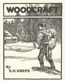 an old book with the title woodcraft written in black and white, featuring a man on skis