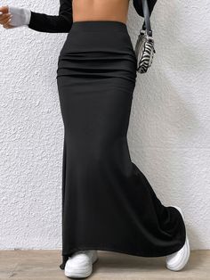 Black Elegant Collar  Fabric Plain Mermaid Embellished Medium Stretch  Women Clothing Long Tight Skirt, Black Romper Shorts, Plus Size Mini Dresses, Midi Dress Plus Size, Plus Size Romper, Sheer Skirt, Scarf Dress, Mermaid Skirt, Plus Size Maxi Dresses