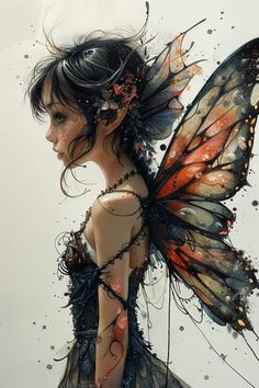 a woman with butterfly wings on her head and body is shown in this digital painting