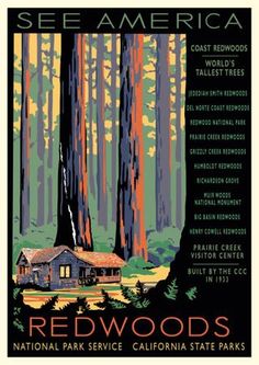 a poster advertising redwoods national park service california state parks, with the words see america on it