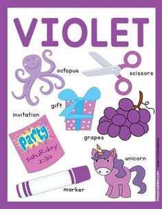 a purple poster with various items that include scissors, an octopus, grapes and other things