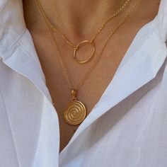 A nice 14k gold-filled necklace with an eye-catching Ancient Greek Spiral Pendant hanging on a shinny 14k gold filled chain combined with an elegant circle of life necklace. A dainty everyday set that brings good luck and protects the person that is wearing it. A nice gift for her Length approx. 16 inches - 18 inches ♥ All items will be delivered in a nice gift envelope to minimize shipping expenses for you! You may choose gift wrapping at checkout if you wish! If you need it sooner, select expe Gold Spiral Necklace As A Gift, Gold Spiral Necklace For Gifts, Gold Spiral Necklace For Gift, Minimalist Gold Spiral Jewelry, Spiral Yellow Gold Necklace For Gift, Spiral Brass Necklace For Gift, Gold Coin Jewelry, Coin Jewellery, Spiral Pendant