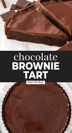 chocolate brownie tart is cut into slices and placed on top of each other