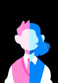 two different colored silhouettes of people in the same color and black background, one with blue hair