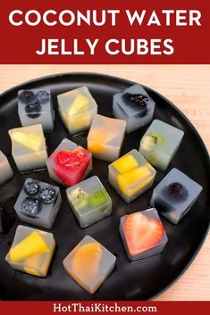 there are many different types of jelly cubes on this plate with the words, how to make coconut water jelly cubes