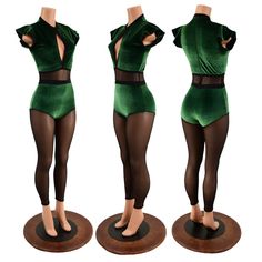 This elegant catsuit is made of our green stretch velvet, with a keyhole neckline, flip sleeves, and a siren cut leg.  But it doesn't stop at the siren cut leg!  Black mesh continues all the way down the legs, making it a one piece CATSUIT! It also features a mesh waist panel, black mesh trim,  and a zipper in back.   This item is made to order. Ships out within 5 days of purchase. Womens Sizing (See below for instructions on where measurements should be taken) XXS: Bust 29"-30" / Waist 22"-23" Green Fitted Bodysuit For Party, Green High Stretch Bodysuit For Party, Green Stretch Bodysuit For Party, Green Stretch Jumpsuits And Rompers For Party, Fitted Green Bodysuit For Night Out, Green Fitted Jumpsuit For Night Out, Green Club Bodysuit, Rave Outfits Women, The Siren