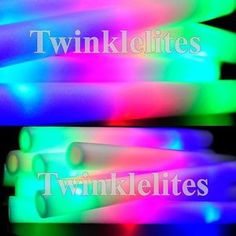 three different colored lights in the shape of tubes with words that read twinklelites