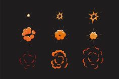 different shapes and sizes of stars on a black background, with the colors orange and red