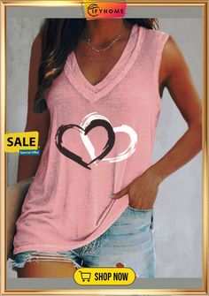 Casual Sleeveless V Neck Heart Printed Tank Vests Trendy Tank Tops, Flattering Outfits, Casual Tanks, V Neck Tank Top, Sleeveless Tshirt, Womens Clothing Stores, Vintage Shorts, Print Tank, Printed Tank Tops