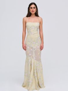 Jacqueline Maxi Dress — Yellow Fitted Floral Embroidered Evening Dress For Prom, Fitted Floral Embroidery Evening Dress For Prom, Fitted Floral Embroidered Gown For Prom, Fitted Floral Embroidered Prom Gown, Fitted Gown With Floral Embroidery For Prom, Fitted Summer Evening Dress With Sheer Bodice, Fitted Evening Dress With Sheer Bodice For Summer, Fitted Embroidered Dresses For Prom Season, Spring Gown With Sheer And Fitted Bodice