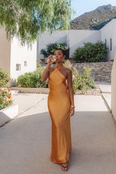 Shop the Italia Azure Crossover Halterneck Maxi Dress Sun | Selfie Leslie Palm Springs Bridesmaid Dresses, Satin Dress With Neck Scarf, Wedding Guest Dress France, Punta Cana Wedding Guest Dress, Vacation Wedding Guest Dress, Wedding Guest Dress Tropical, Weddding Guest Dress, San Diego Wedding Guest Outfit, Formal Wedding Guest Attire Summer