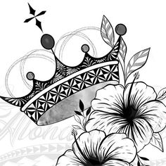 a black and white drawing of a crown on top of flowers with the word love written below it