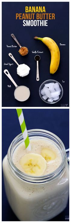 bananas and other ingredients are shown in this recipe for banana peanut smoothie with vanilla ice cream