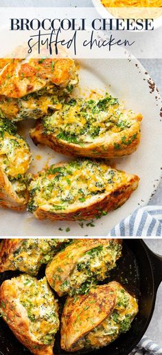 broccoli cheese stuffed chicken in a cast iron skillet and on a plate