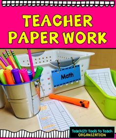 a teacher's work station with pencils, markers and paper on the desk