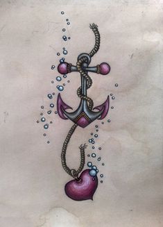 an anchor and heart tattoo on the back of a woman's stomach, with bubbles coming out of it