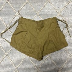 Green Army Colored Shorts New With Tag Casual And Dressed Up Could Work Spring Drawstring Pants With Short Length, Spring Drawstring Short Pants, High Waist Drawstring Shorts For Day Out, High-waist Drawstring Shorts For Day Out, High Waist Drawstring Shorts For Spring, Acid Wash Shorts, Army Colors, Army Green Shorts, Suede Shorts