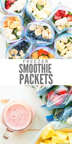 freezer smoothie packets filled with fresh fruit and veggies are on the table