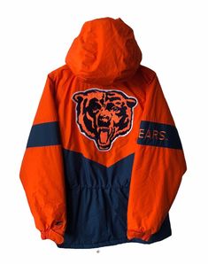 "early 90s bears pullover heavyweight coat by turbo sportswear. deadstock. NWT. navy blue & orange water resistant shell. embroidered team & brand logos. sewn team patches. metal logo zipper pull. removable zippered hood (adjustable toggle strings). side pockets. drawstring waist. in excellent, unworn condition. 32\" long. 24.5\" rise. ~27.5\" from shoulder to hem. legit. legitvintage.etsy.com legitvintage on instagram" Orange Water, Windbreaker Jacket Mens, Softball Shirt, Russell Athletic, Men's Coats And Jackets, Cincinnati Bearcats, Chicago Bears, Classic Sneakers, Metallic Logo