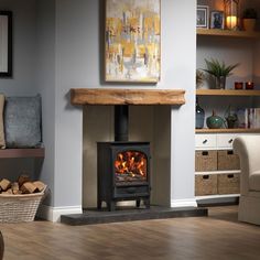 a wood burning stove in a living room