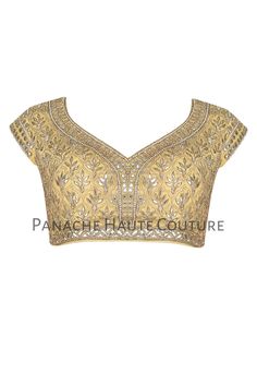 Light Golden Color Blouse with Gotta Patti Embroidery Blouse Neck Models, Golden Blouse Designs, Choli Blouse Design, Aerial Costume, Golden Blouse, Sequins Blouse, Choli Blouse, Curated Outfit, Zari Embroidery