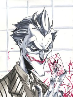 a drawing of the joker holding a card