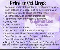 a purple background with the words printer settings and instructions for printing on paper or other items