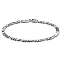 * 925s sterling silver construction
 * Rhodium plated for scratch and tarnish resistance Classic Silver Chain Charm Bracelet, Classic White Gold Charm Bracelet With Silver Chain, Minimalist Silver Bracelet With Figaro Chain, Minimalist Silver Figaro Chain Bracelet, Modern Silver Bracelet With Figaro Chain, White Gold Sterling Silver Bracelets With Figaro Chain, White Gold Sterling Silver Bracelet With Figaro Chain, White Gold Sterling Silver Figaro Chain Bracelets, Classic Silver Figaro Chain Bracelet