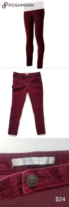 LC Lauren Conrad Wine Red Corduroy Skinny Leg Pant MEASUREMENTS in Inches: (Taken with the garment laying flat)  Waist:     35   Inseam:   30 Length:  40                                                          Flaws: None that we can find   Please see pictures for details LC Lauren Conrad Pants Skinny Lc Lauren Conrad, Lauren Conrad, Wine Red, Wine, Wardrobe, Pants, Red, Women Shopping