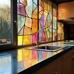 a kitchen counter with a sink under a large stained glass window next to a stainless steel faucet