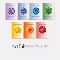 four different colored cards with the words artful digital wall art