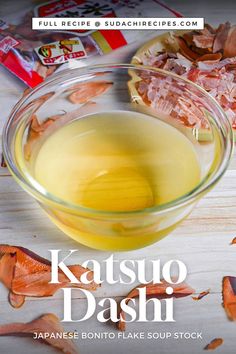 Katsuo (bonito flake) dashi in a glass bowl surrounded by bonito flakes Cooking Staples, Japanese Cooking, Japanese House, Like A Pro, Home Cooking, Make It Yourself, Tools, History