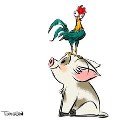 a drawing of a rooster sitting on top of a pig's head and another bird perched on its back