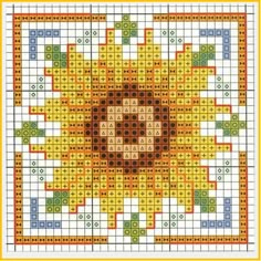 a cross stitch pattern with an orange and yellow sunflower on the center, surrounded by smaller squares