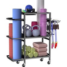 a metal rack with various items on it