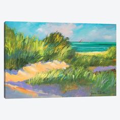 a painting of grass and water on the beach