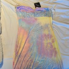 Soft Cotton Rainbow Tie Dye Print Mini Dress. Brand New With Tags, Never Been Worn. V Cut In Front And Spaghetti Straps Trendy Yellow Spaghetti Strap Dress, Pastel Mini Dress For Summer, Pastel Mini Length Summer Dress, Pastel Mini Length Beach Dresses, Casual Pastel Mini Dress For Summer, Pastel Fitted Mini Dress, Fitted Pastel Mini Dress, Green Boho Dress, Zaful Dresses