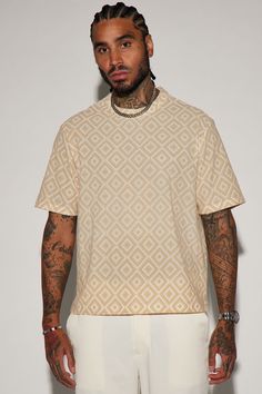 Available In Cream. Crew Neck Short Sleeve Flocked Texture 92% Polyester, 8% Spandex Imported | Mens Infinite Lives Geometric Short Sleeve Crew Tee Shirt in Cream size 3XL by Fashion Nova White Crew Neck Top With Geometric Pattern, White Geometric Pattern Crew Neck Top, Beige Printed Tops With Relaxed Fit, Summer Crew Neck Top With Geometric Pattern, White Short Sleeve Tops With Geometric Pattern, Cream Fashion, Mens Tees, Fashion Nova, Short Sleeves Tops