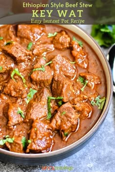 a bowl filled with beef stew and garnished with cilantro on the side