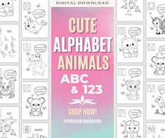 the cute alphabet animals abc and 123 coloring book is shown in front of a background