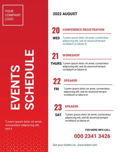 a red and white flyer for events schedule