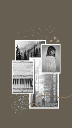 a collage of black and white photos with trees, stars, and an old piano